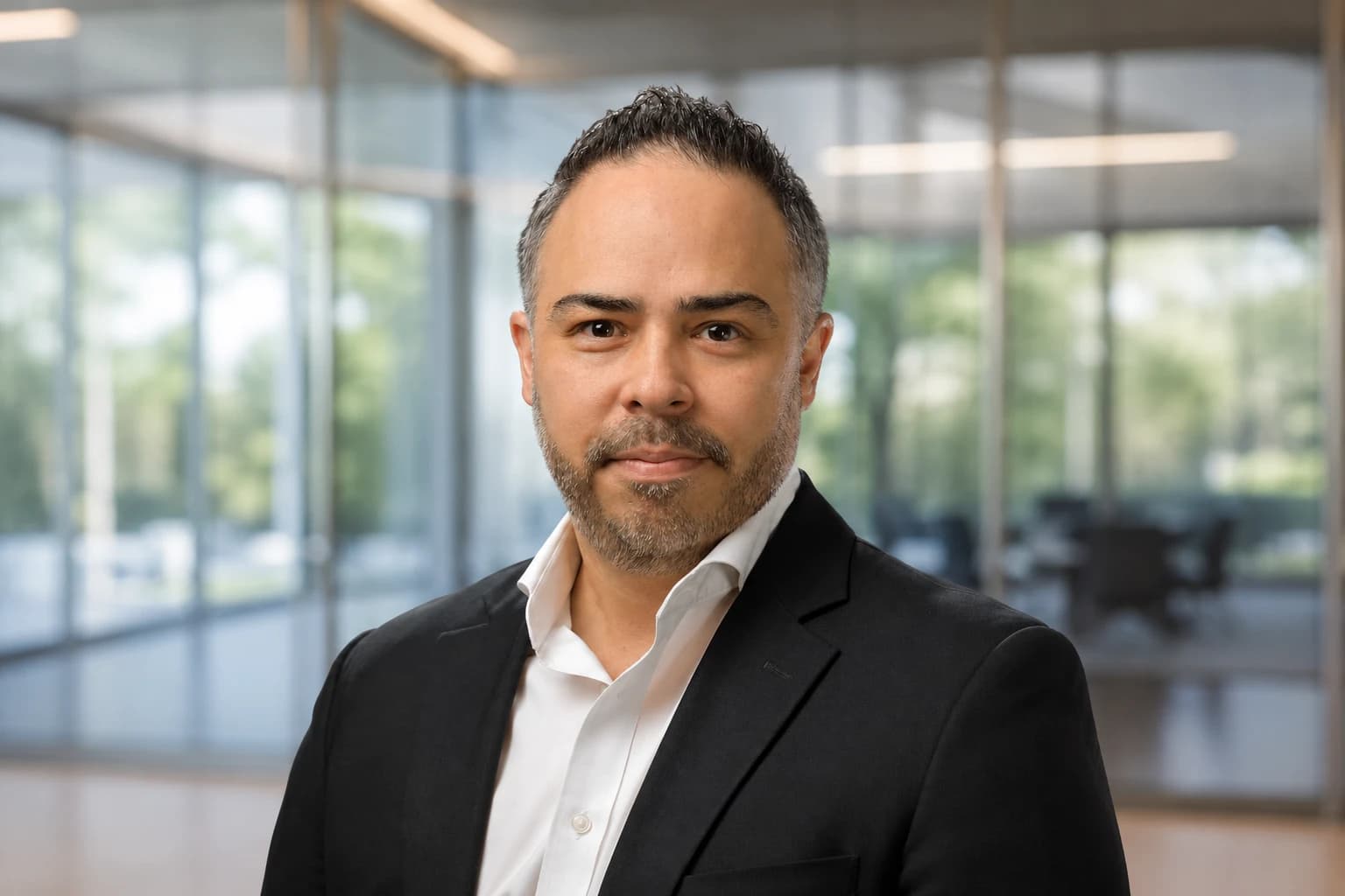 Portrait of Jacob Trevino in a black blazer and open-collared white shirt, standing in a glass-walled office